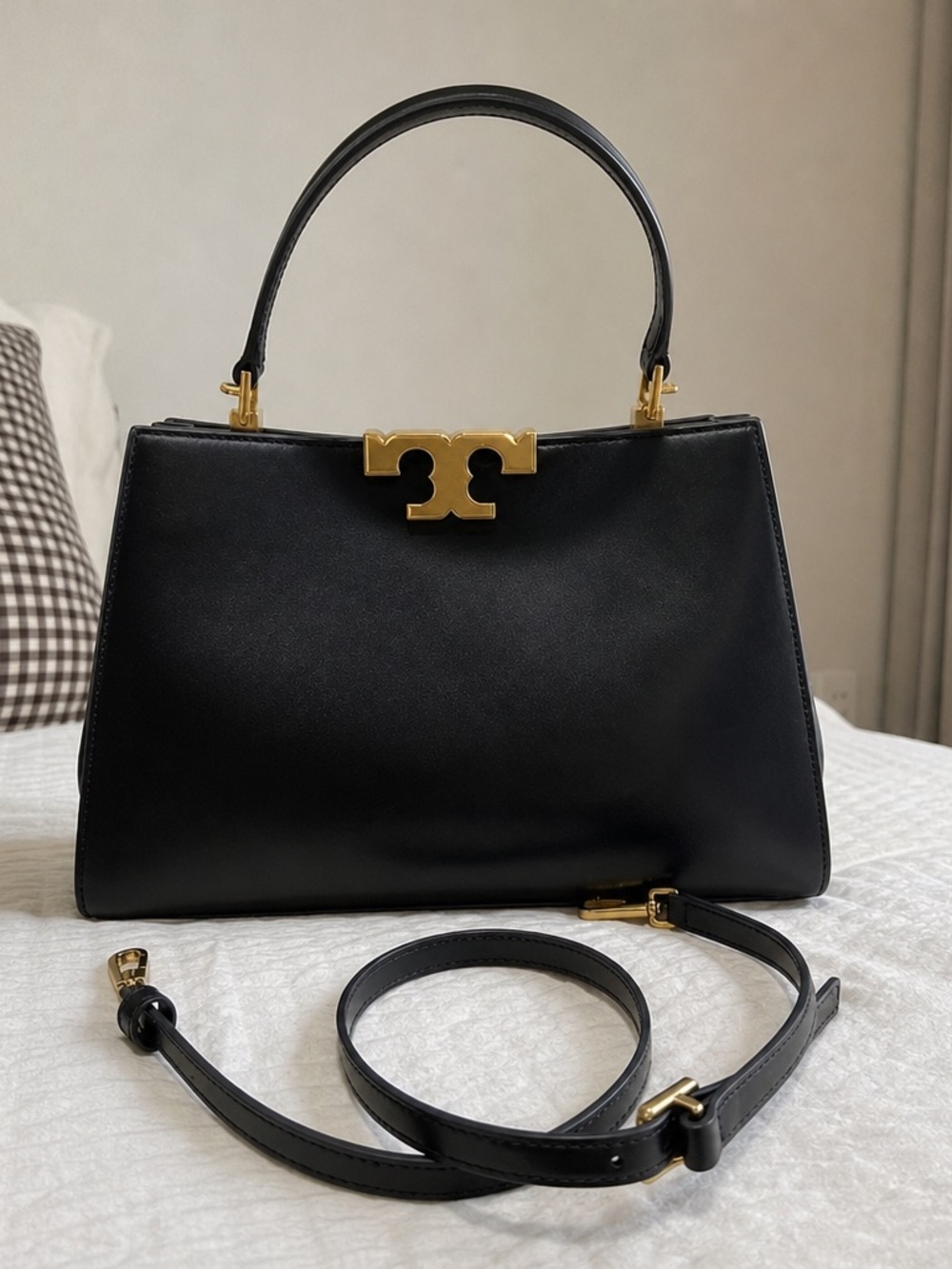 Tory Burch Black Leather Satchel with Gold Logo Hardware
